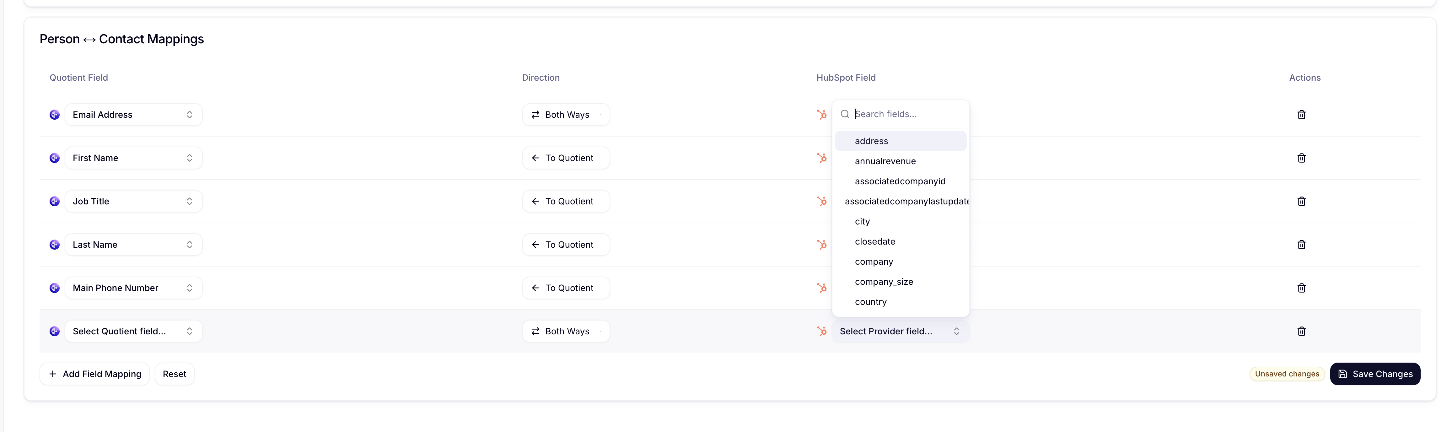 HubSpot field selection dropdown showing available properties to map