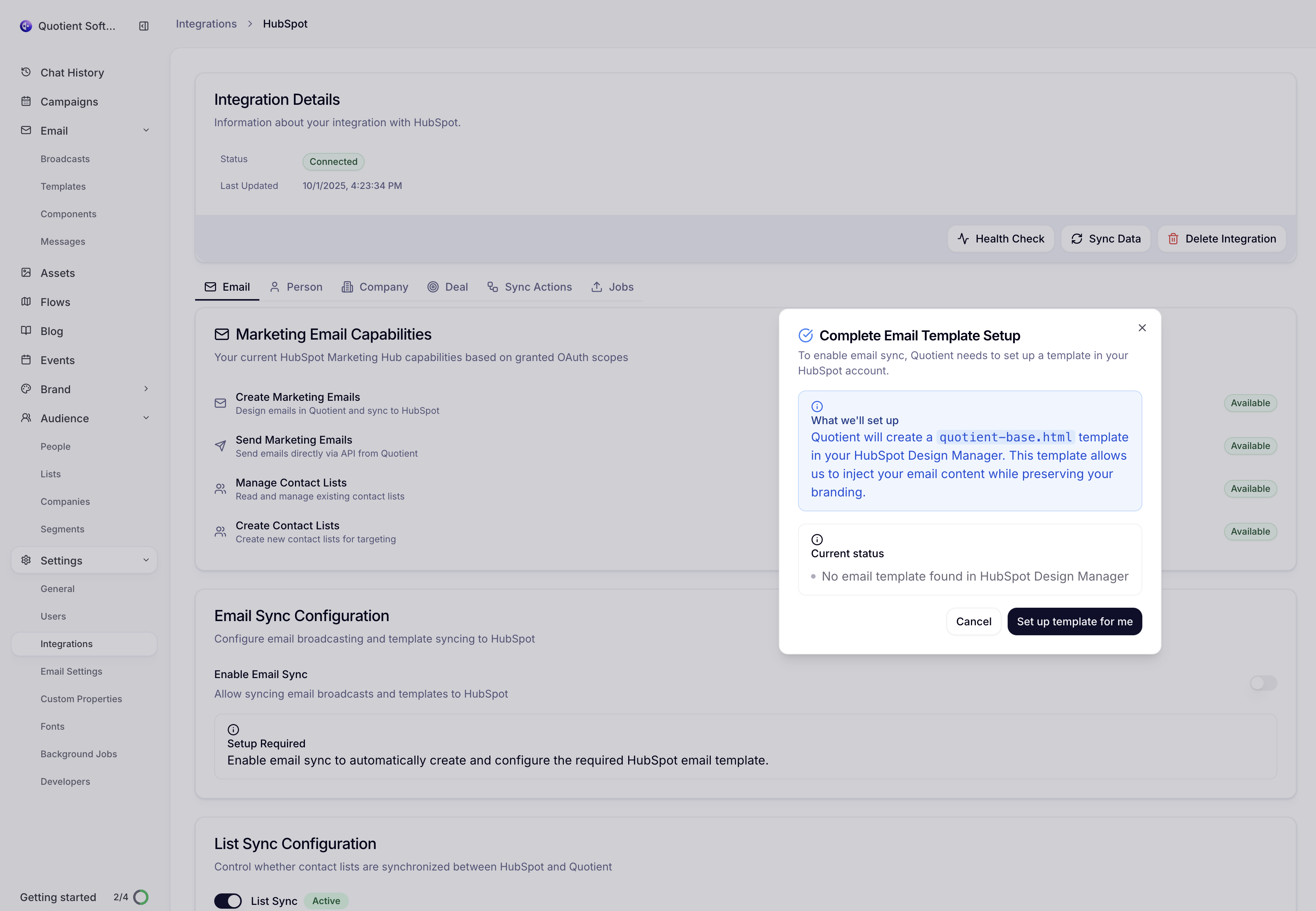 Email sync setup process showing template creation and configuration in HubSpot