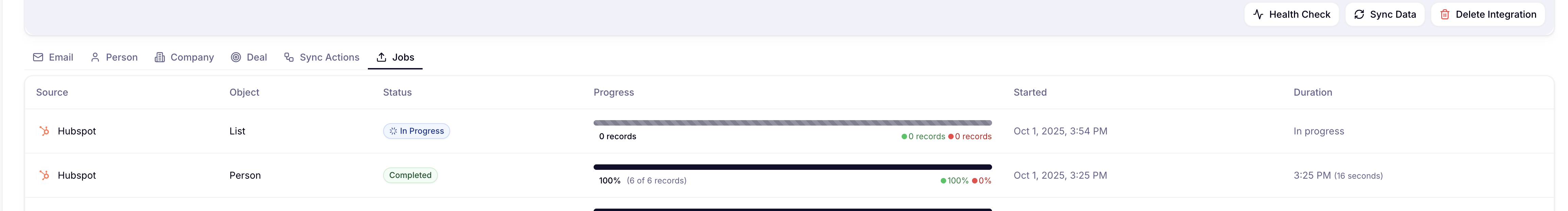 HubSpot Jobs tab showing list sync job history with progress and status