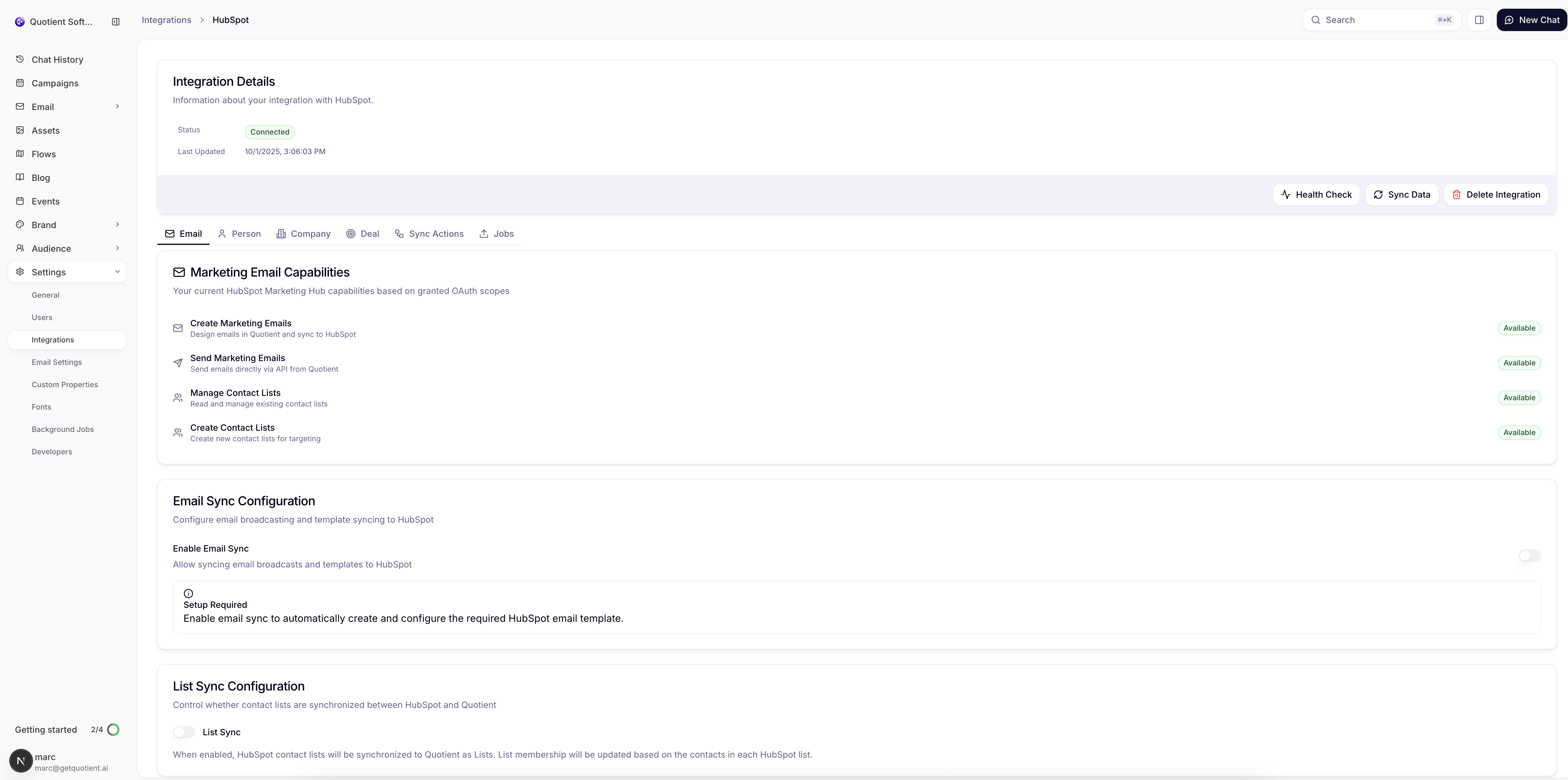 HubSpot Person sync settings showing List Sync section with available lists