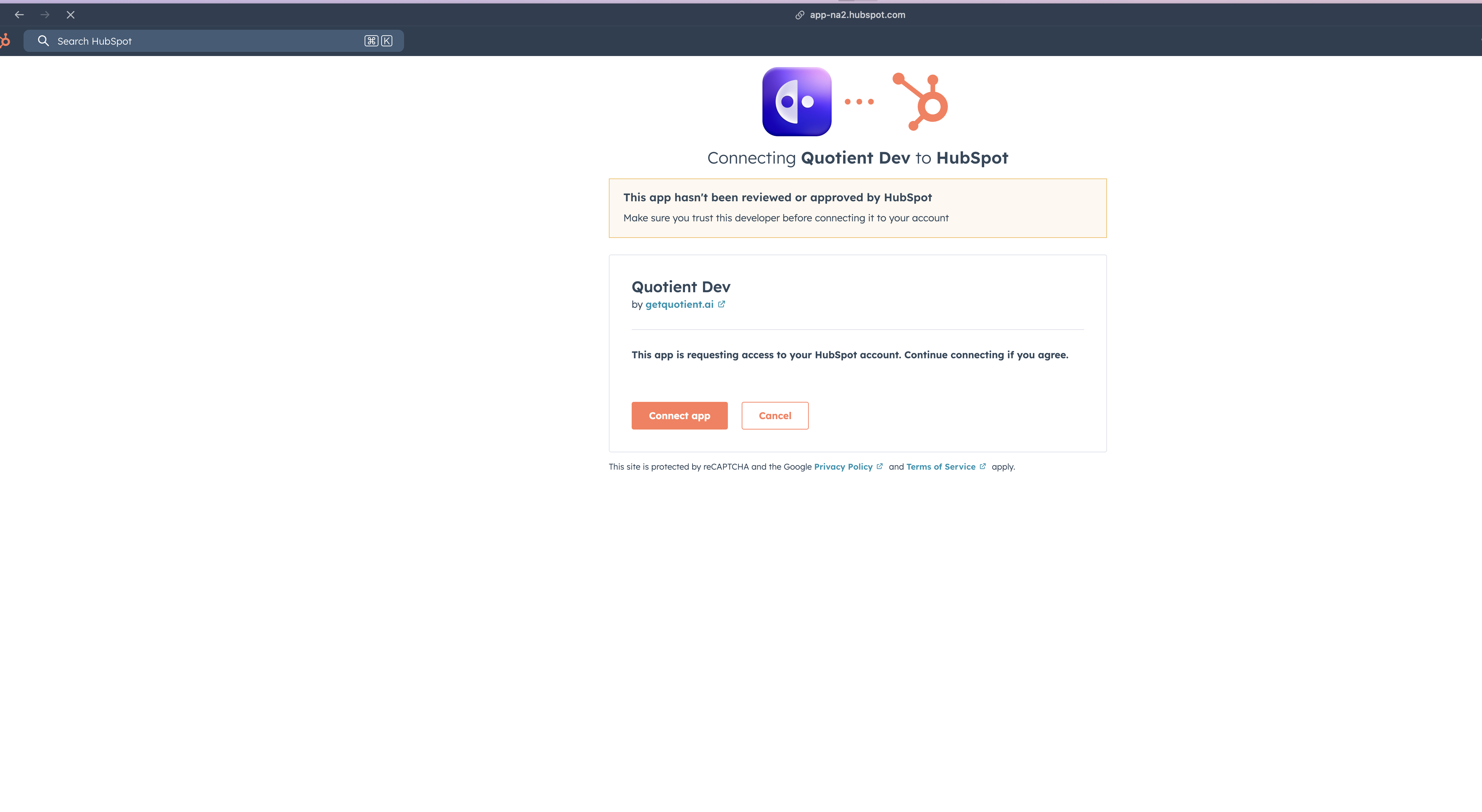 Quotient OAuth permissions confirmation page showing granted HubSpot permissions